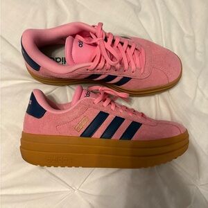 adidas Women’s Pink Suede Platform Sneakers with Navy Stripes and Gum Sole